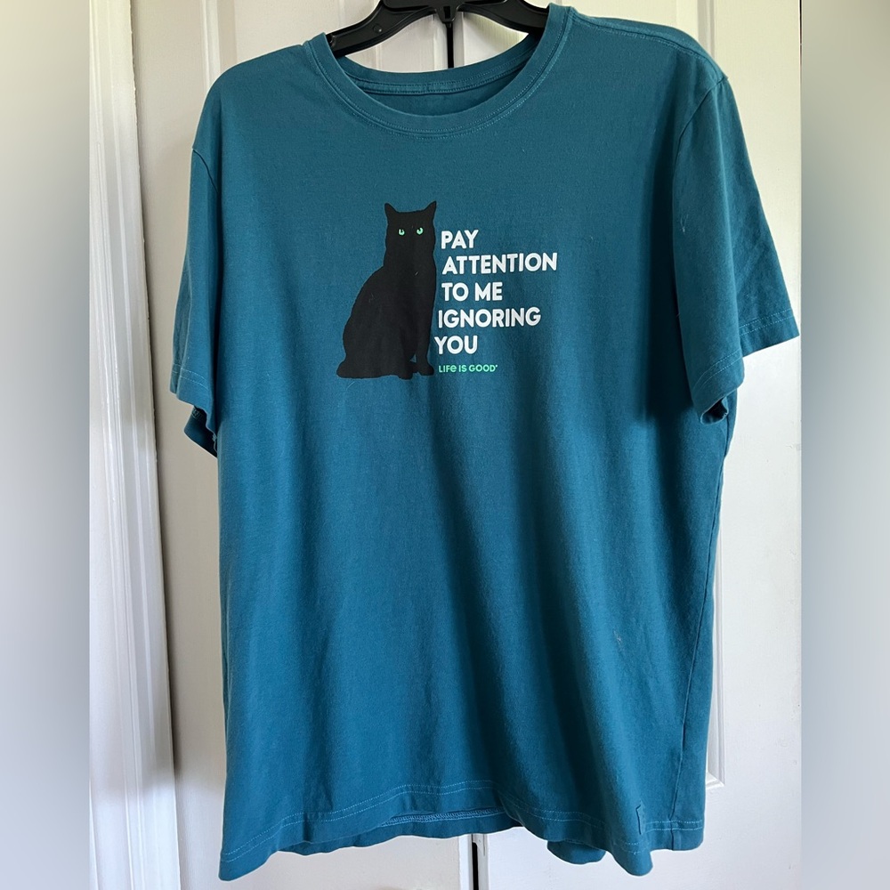 LIFE IS GOOD 🐈‍⬛ Teal, Short Sleeve, T-Shirt , Rounded Neck, Black Cat Design - Picture 3 of 7